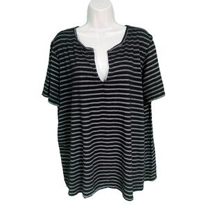 Laila Jayde Black & Gray Striped Split Neck Short Sleeve Tee Womens 2X